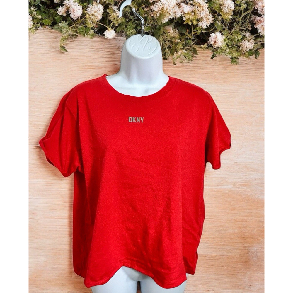 Women's DKNY Sport Red T-Shirt Sz Large Cuffed Short Sleeve Tee Cotton Top
